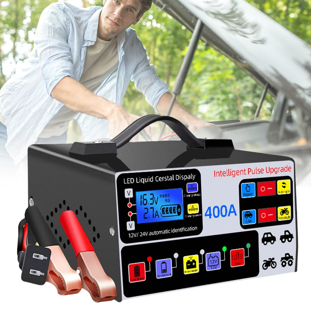 High-power car battery charger, fast charger, intelligent pulse repair, automatic shut-off, 400A, 12V, 24V, 220W
