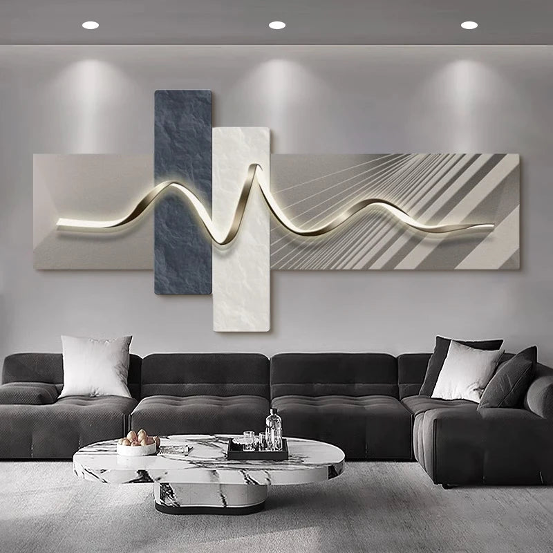 Chambre principale salon géométrique bureau décor peinture avec lumières luxe canapé TV fond mur suspendu photo chambre lits