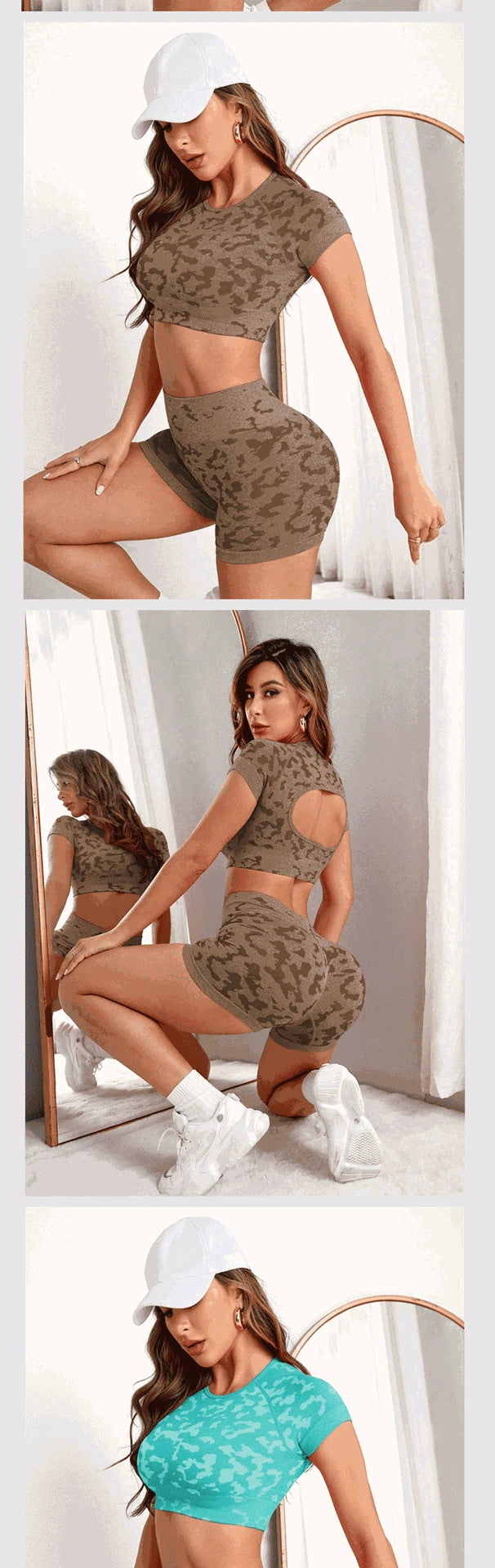Women's camouflage sports set, seamless knit shorts, openwork top, sexy, suitable for gymnastics, running, Pilates, high waist, hip lifting, and yoga.