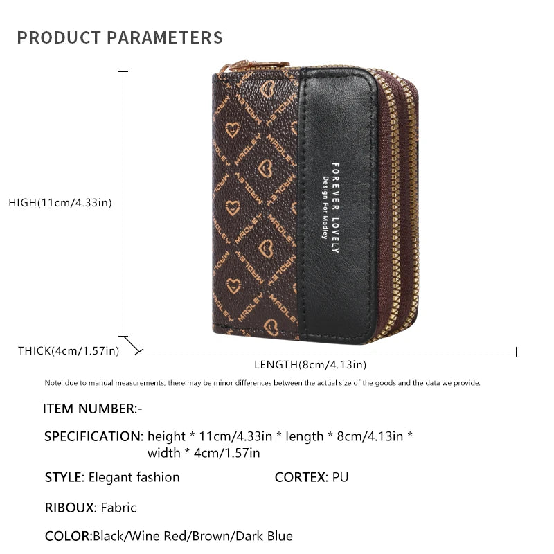 Mini faux leather wallet with double zipper, compact classic pouch, multiple card slots, matching pocket, RFID protection, chic 