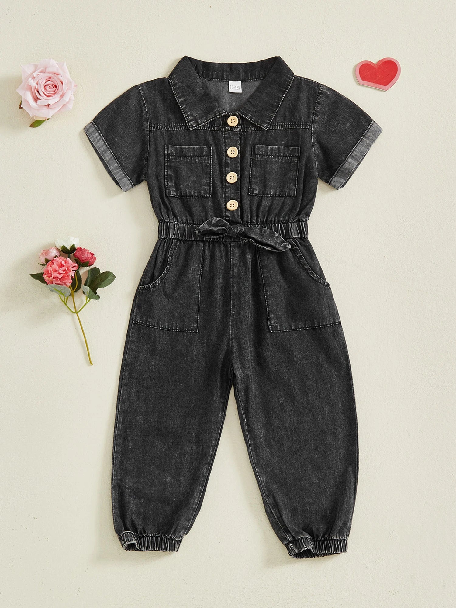 Barboteuse en jean pour petites filles, manches courtes, revers boutonné, combinaison pleine longueur avec poches