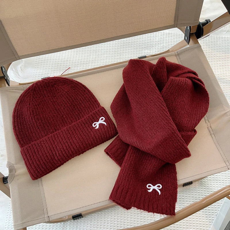 Écharpes coréennes avec nœud brodé pour enfants, bonnet doux pour enfants, chapeau épais pour filles et garçons, casquette chaude imbibée d'hiver, chapeaux mignons, 2 pièces