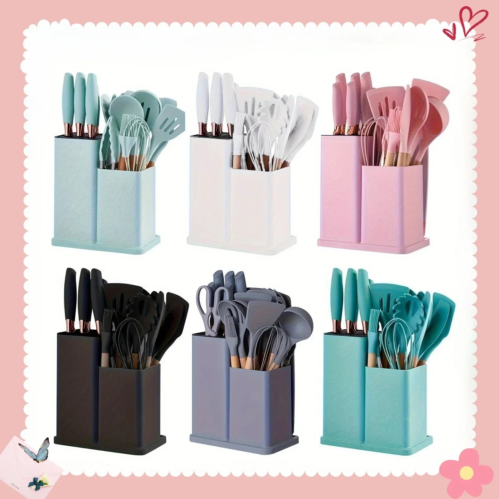 Ensemble d'ustensiles de cuisine antiadhésifs en Silicone, 19 pièces, avec couteaux, outils résistants à la chaleur dans un rangement en bambou, parfait pour la cuisine
