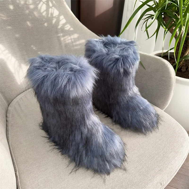 Nouveau Hiver fourrure une pièce fourrure de raton laveur femme bottes de neige chaussures de fourrure en plein air mi jambe bottes