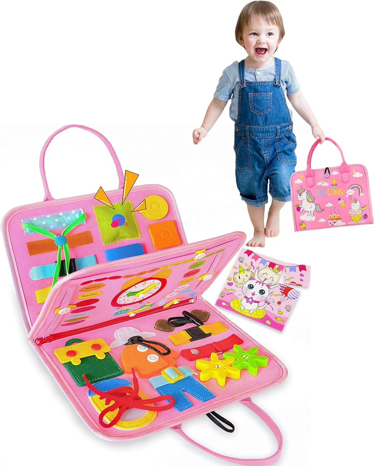 Jouets pour tout-petits, planche occupée, jouets Montessori, sac à dos occupé, activités d'apprentissage préscolaire, jouets pour enfants avec numéro, forme, habillage