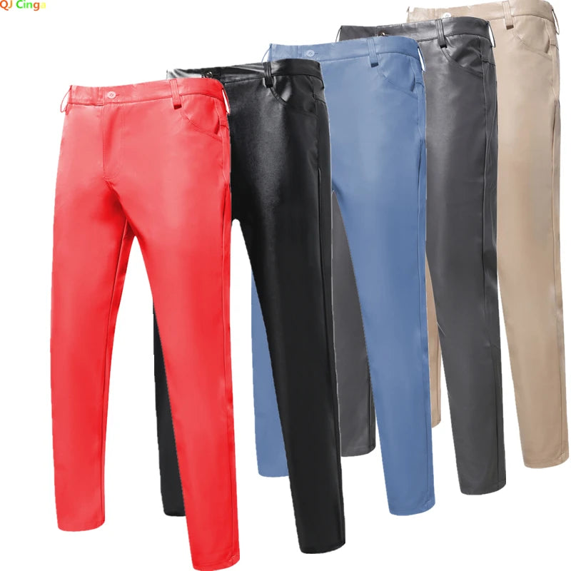 Pantalon en cuir PU pour hommes, Slim, à la mode, rouge, bleu, noir, gris, blanc, nouvelle collection 2024
