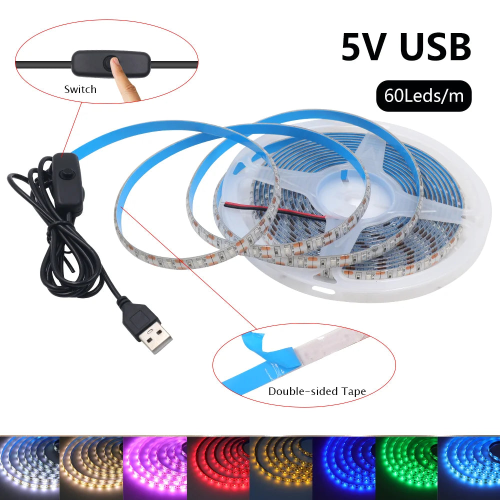 Bande lumineuse Led USB 5V SMD 2835, 60 diodes/m, ruban Flexible, éclairage de fond TV, 1M 2M 3M 5M, guirlande lumineuse LED, décoration de salle