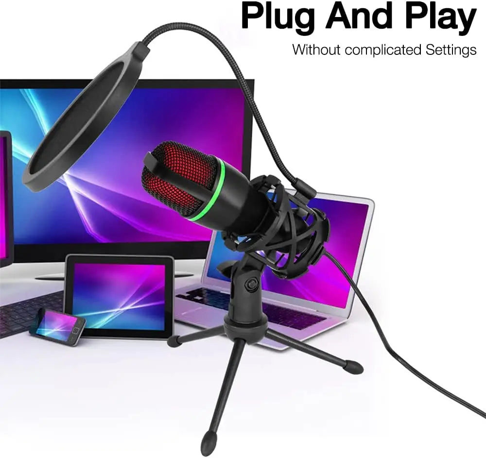 Microphone filaire à condensateur USB/RGB, 3.5mm, pour PC, ordinateur portable, jeu, Podcast, Studio, professionnel, Anti-blocage, pour bureau