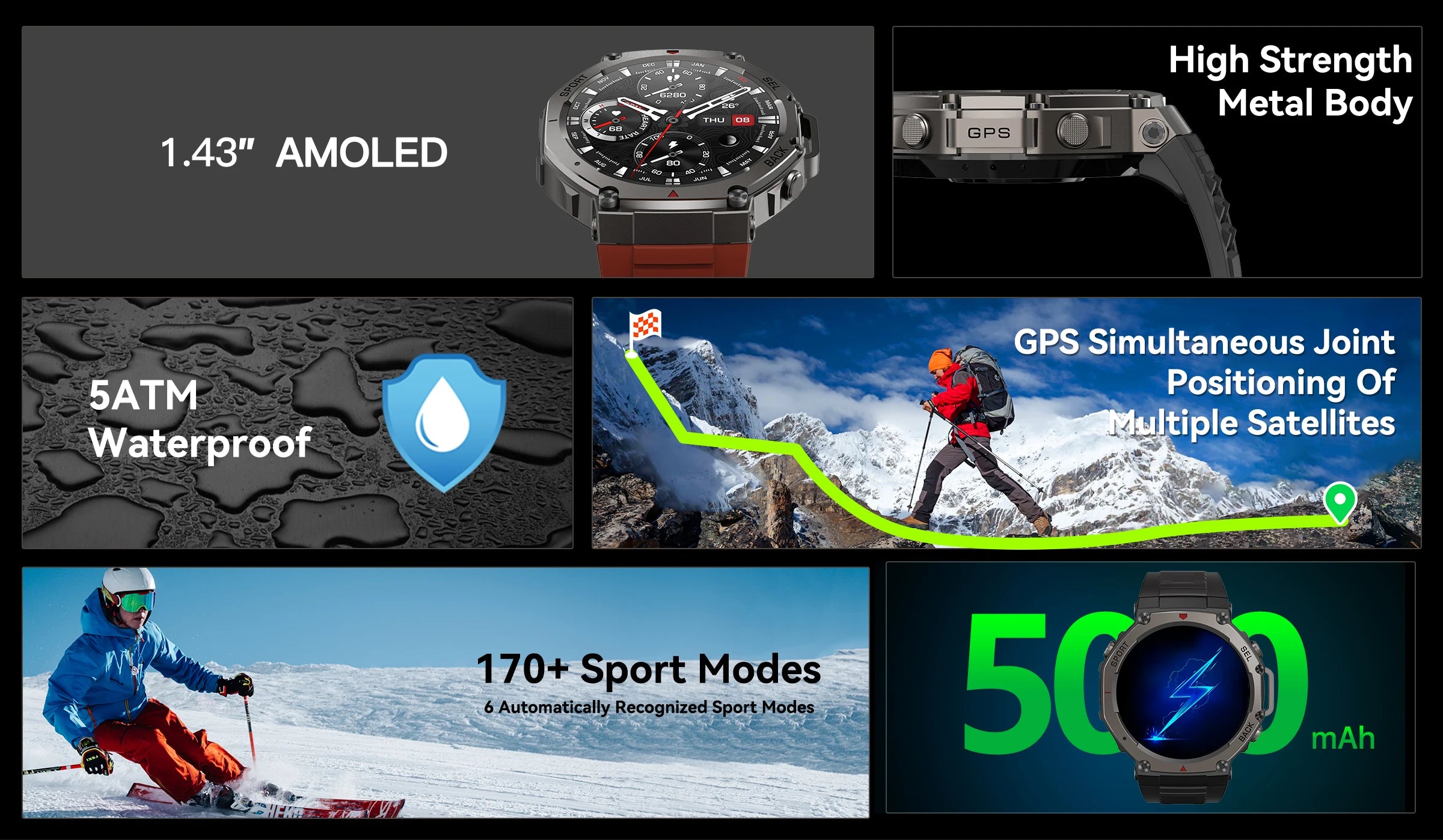 T-rex 3 Ultra GPS montre intelligente intégré double bande GNSS boussole altimètre barométrique 5ATM IP69K étanche AMOLED appel Smartwatch