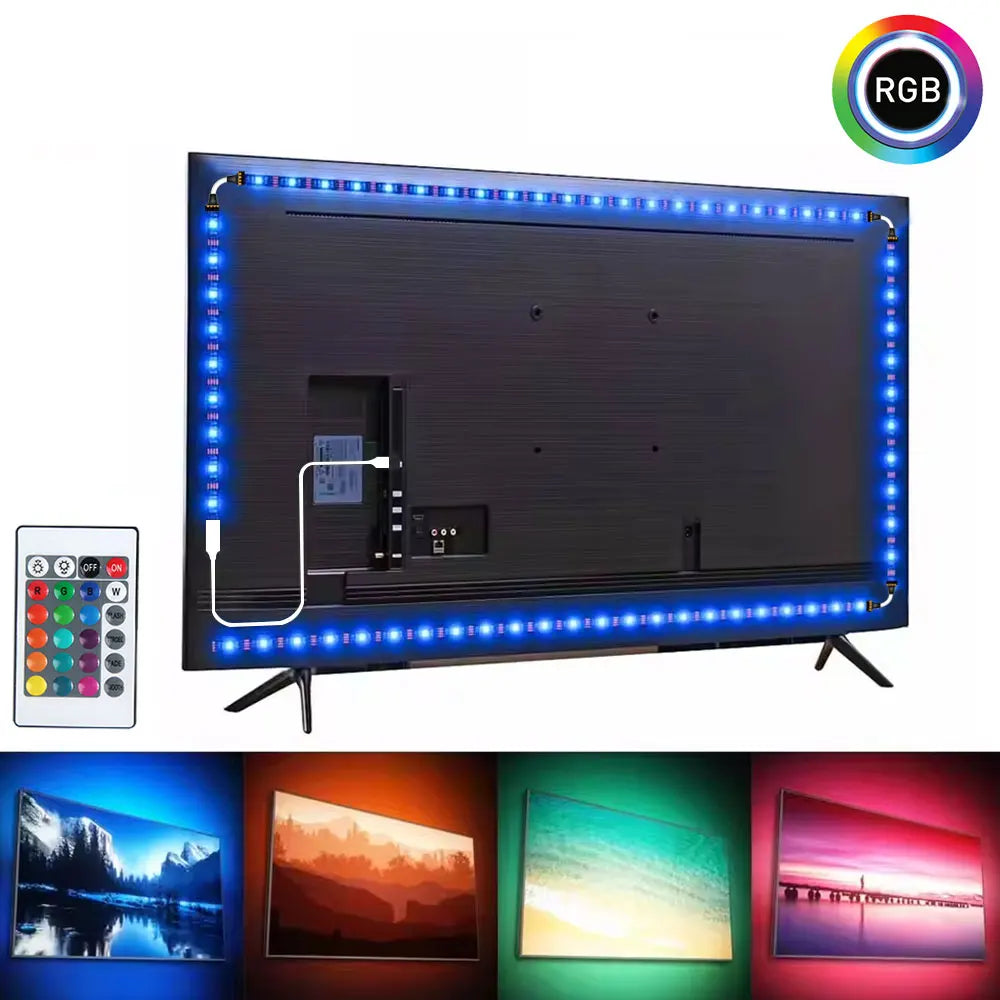 5V USB LED Strip Light, TV Backlight Strip with Remote Control, DIY Color Lighting, 49/49/55/58 inch, Decoration