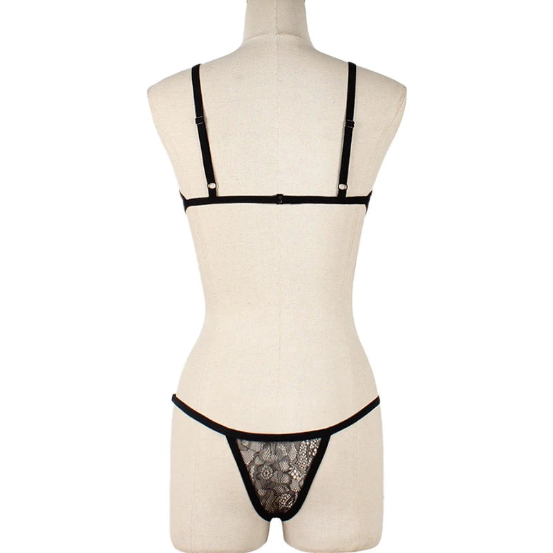 Ensembles de Lingerie érotique pour femmes, jarretelles en dentelle, soutien-gorge et culotte transparents, Costumes Porno féminins, col licou en V profond, ensemble de sous-vêtements Sexy