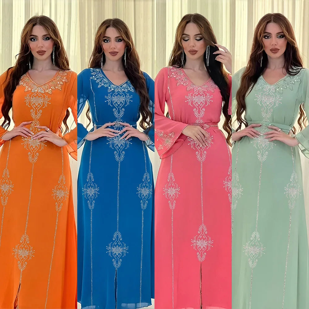 Eid Jalabiya - Women's Muslim Evening Dress, Diamond Lace-Up Arabic Abayas, Long Dresses, Elegant Dress, Educational Dress for Ramadan