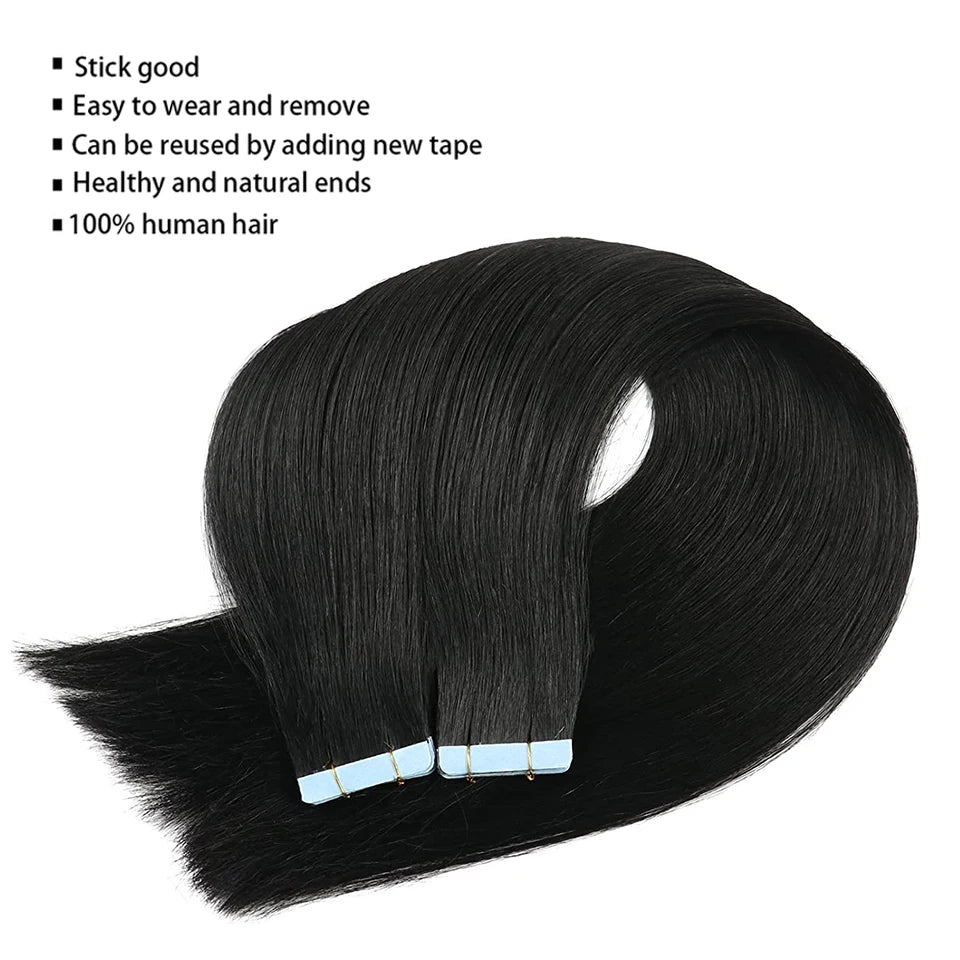 Bande dans les Extensions de cheveux humains droits Extensions adhésives de cheveux brésiliens trame de peau noir brun 100% vrais cheveux humains pour les femmes
