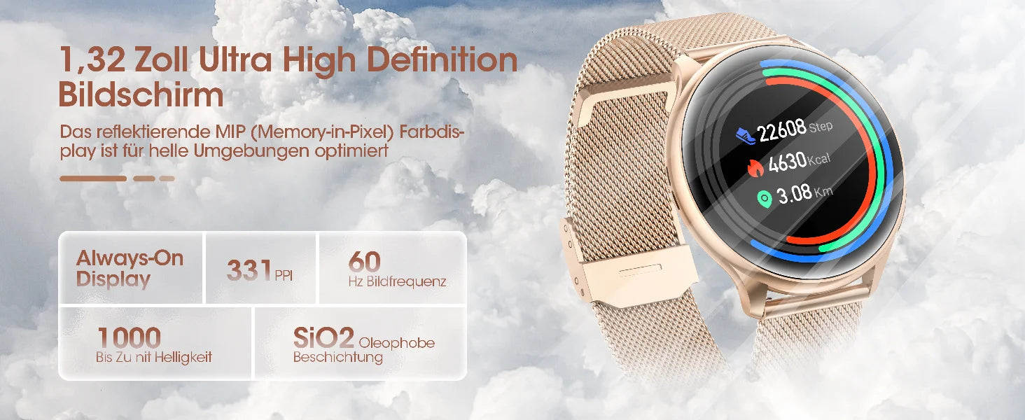 Montre intelligente pour femme avec fonction téléphone, écran tactile HD 1,39 pouces avec moniteur, cycle menstruel, surveillance du sommeil, pedom