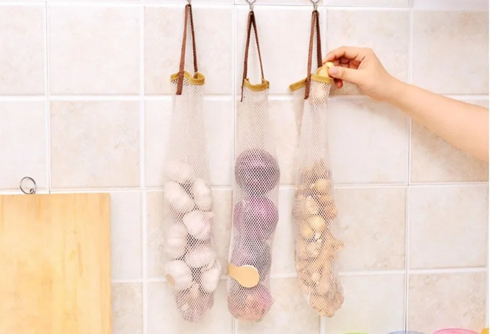 Sac de rangement réutilisable pour fruits de cuisine, sacs d'épicerie, fourre-tout en maille, organisateur d'oignons
