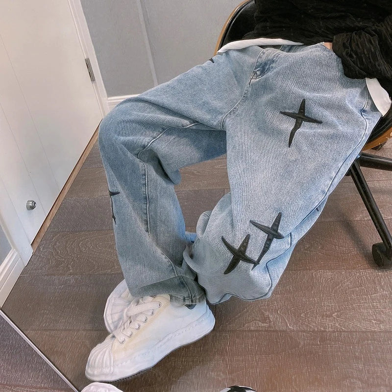 Men's printed jeans, streetwear, baggy, wide leg, Korean fashion, draped, straight, casual, loose fit, cargo pants, new 2023 collection