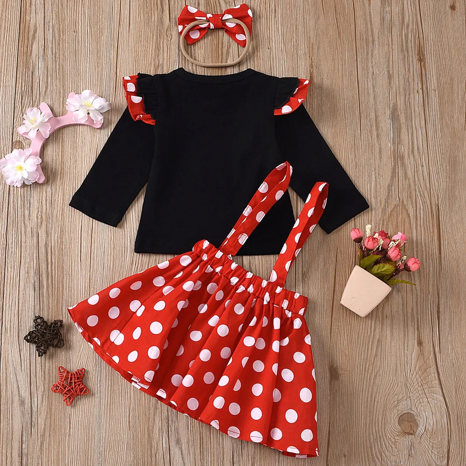 Tenue d'été pour enfants de 1 à 5 ans, ensemble de vêtements pour bébés filles, Costume d'anniversaire pour enfants, hauts à pois, jupe, robe Cosplay Minnie avec bandeau