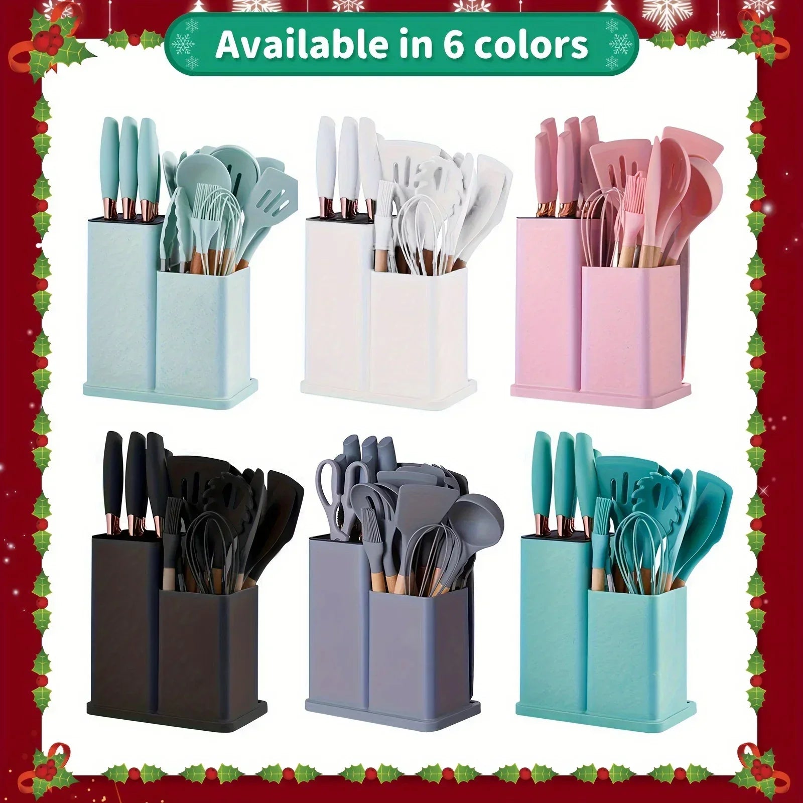 Ensemble d'ustensiles de cuisine antiadhésifs en Silicone, 19 pièces, avec couteaux, outils résistants à la chaleur dans un rangement en bambou, parfait pour la cuisine