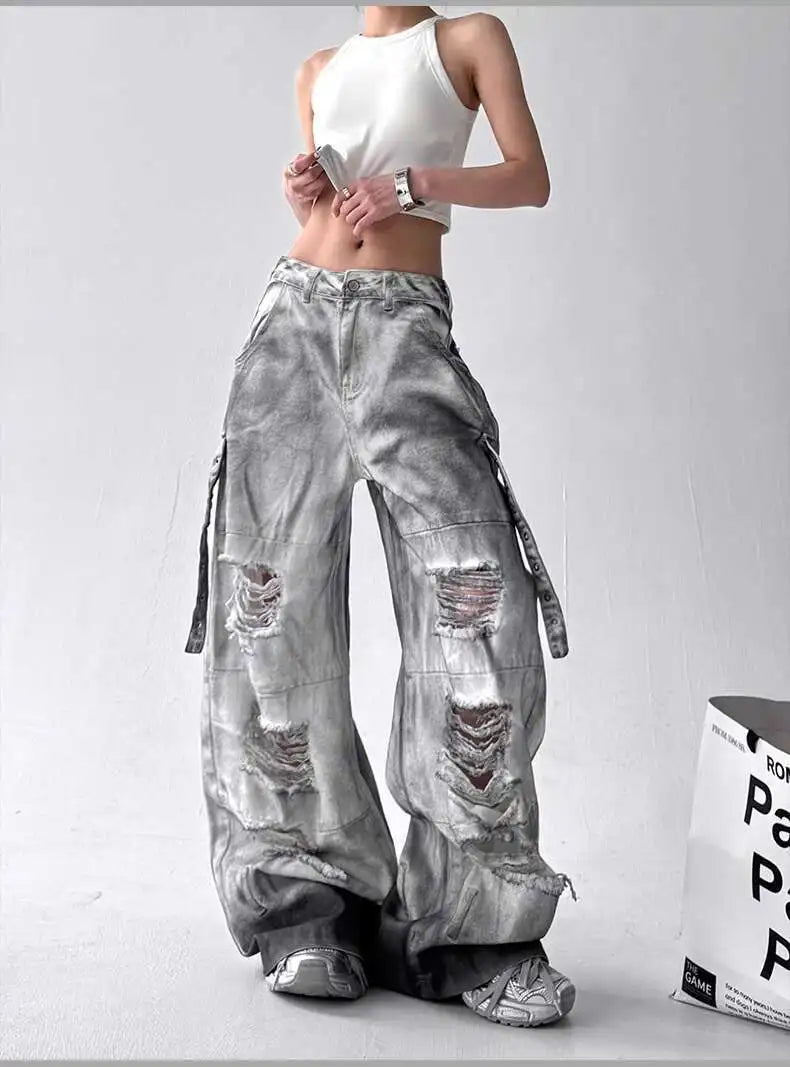 Femmes jean pantalon américain haute rue déchiré droit jambe large jean pour femmes conception cravate-teinture Jazz danse Cargo pleine mince jean