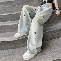 Five-pointed star embroidered jeans for girls aged 3 to 12, stylish wide-leg denim trousers, new spring/autumn collection