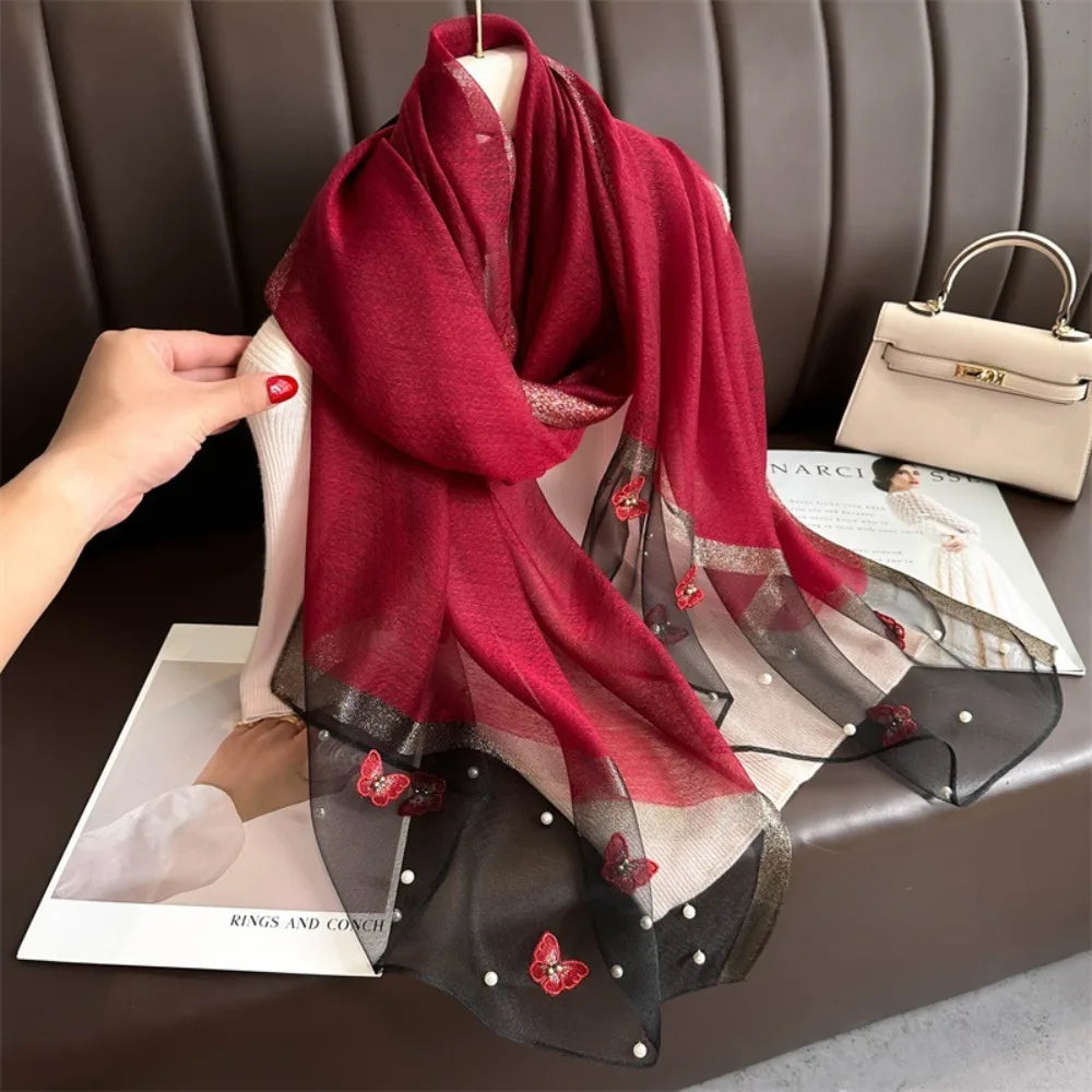 Grand Foulard Fin et Élégant avec Broderie Papillon, Châle Hijab de Luxe pour Femme