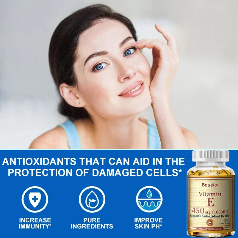 Bcuelov Vitamine E 1000 IU 450mg - pour la peau, les cheveux, la santé circulataire, le support du système immunitaire - supplément antioxydant