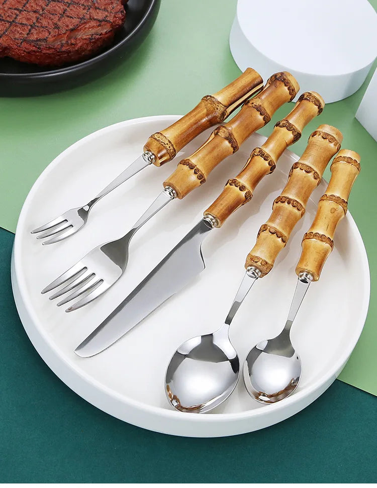 Ensemble de Vaisselle en Bambou et Acier Inoxydable avec Poignée Naturelle, Couverts Rétro, Steak, Opaque, Fourchette, Cuillère, Cadeau de Dessert, 20/30 Pièces