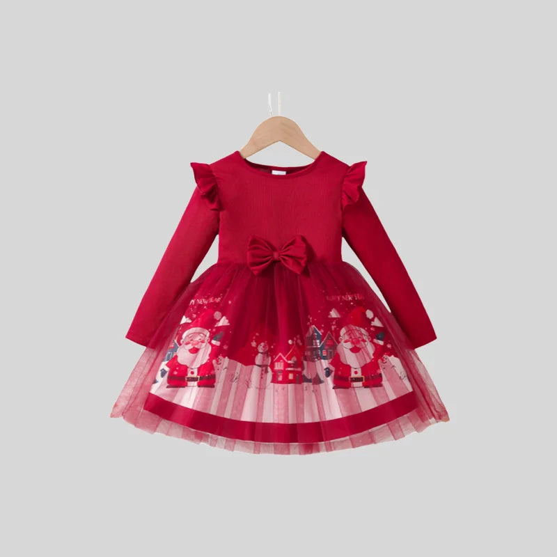 Robe de noël pour filles, tenue de princesse en Tulle à manches longues, imprimé père noël, robe de soirée pour enfants de 4 à 8 ans, automne hiver 2025