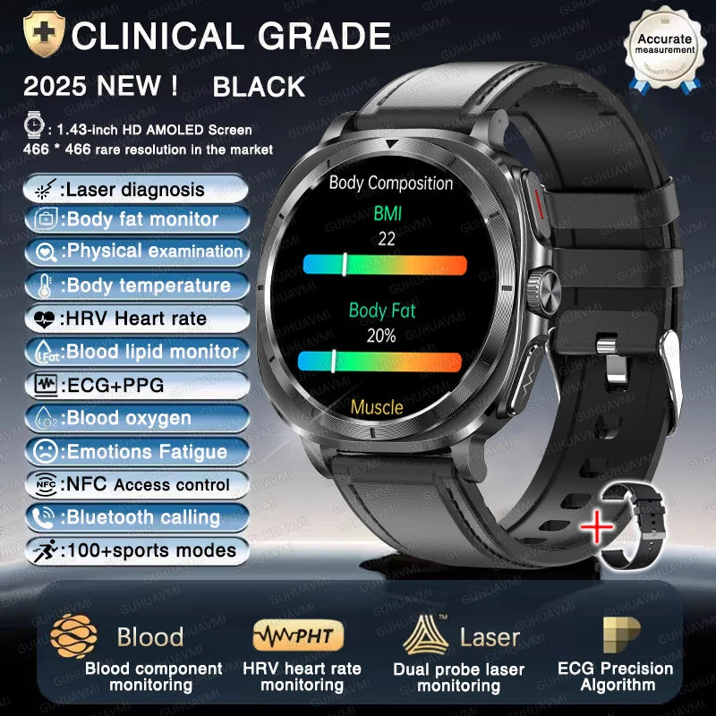 Montre connectée pour hommes, nouveau niveau Expert, santé, ECG + PPG, moniteur Laser, acide urique, graisse sanguine, pression artérielle, NFC, appel HD, 2025