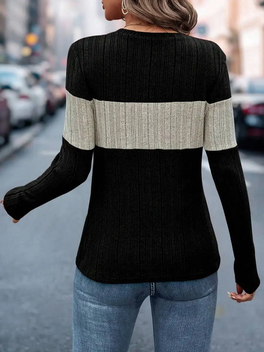Pull à manches longues et col rond pour femme, décontracté, ample, couleur bloquée, Simple, automne, Ropa De Mujer, vêtements De transport