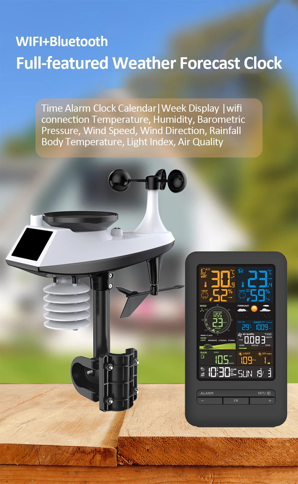 Tuya WiFi Station météo intelligente horloge compteur de température et d'humidité compteur de vitesse et de direction du vent écran couleur horloge numérique