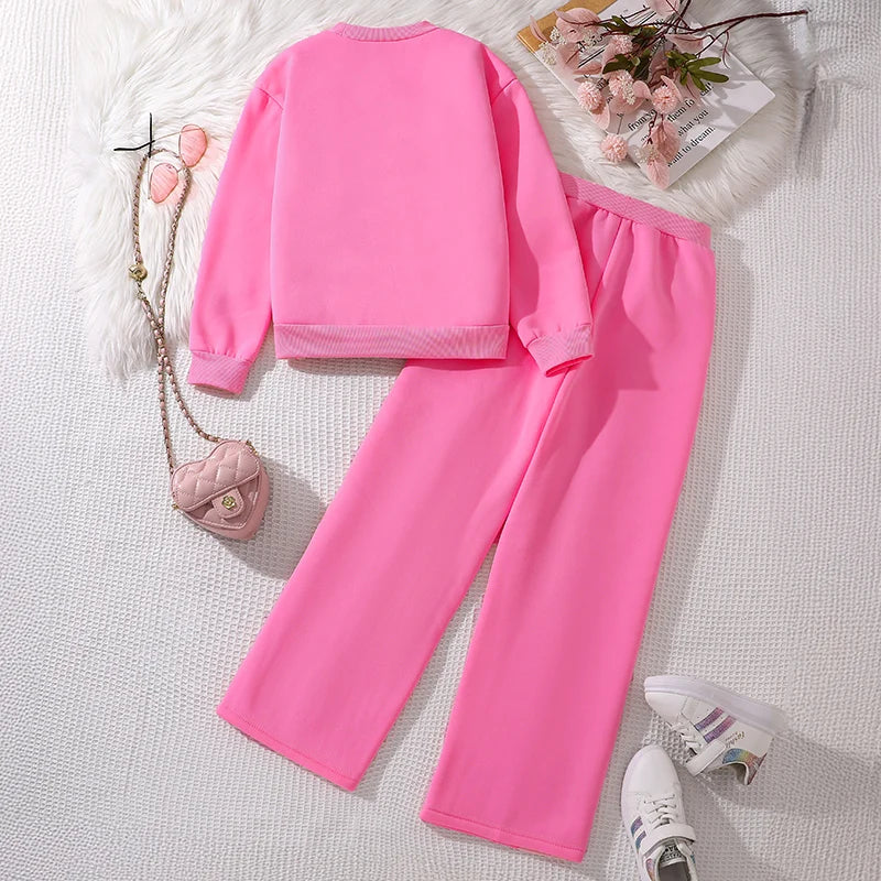 Ensemble de vêtements chauds pour enfants, couleur unie, imprimé cœur, haut et pantalon, sport décontracté, ample, vêtements de salon, automne et hiver