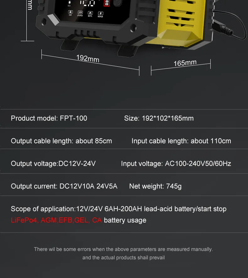 Chargeur de batterie intelligent pour voiture et moto, chargeurs de batterie au lithium, AGM GEL, plomb-acide, veFePO4, 20A, 10A, 12V, 24V
