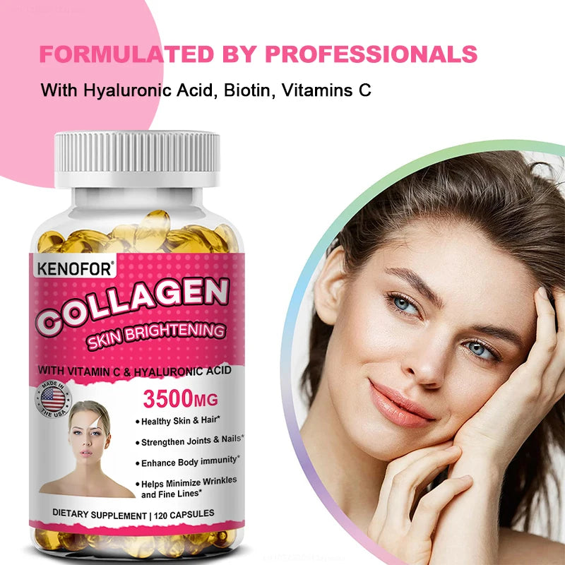 Capsules de collagène - avec vitamine C et acide hyaluronique - pour la santé de la peau, des cheveux, des ongles, anti-âge et des articulations