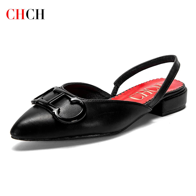 CHCH-Women's pointed flat-toe loafers, simple black sandals, business shoes, new, 2024