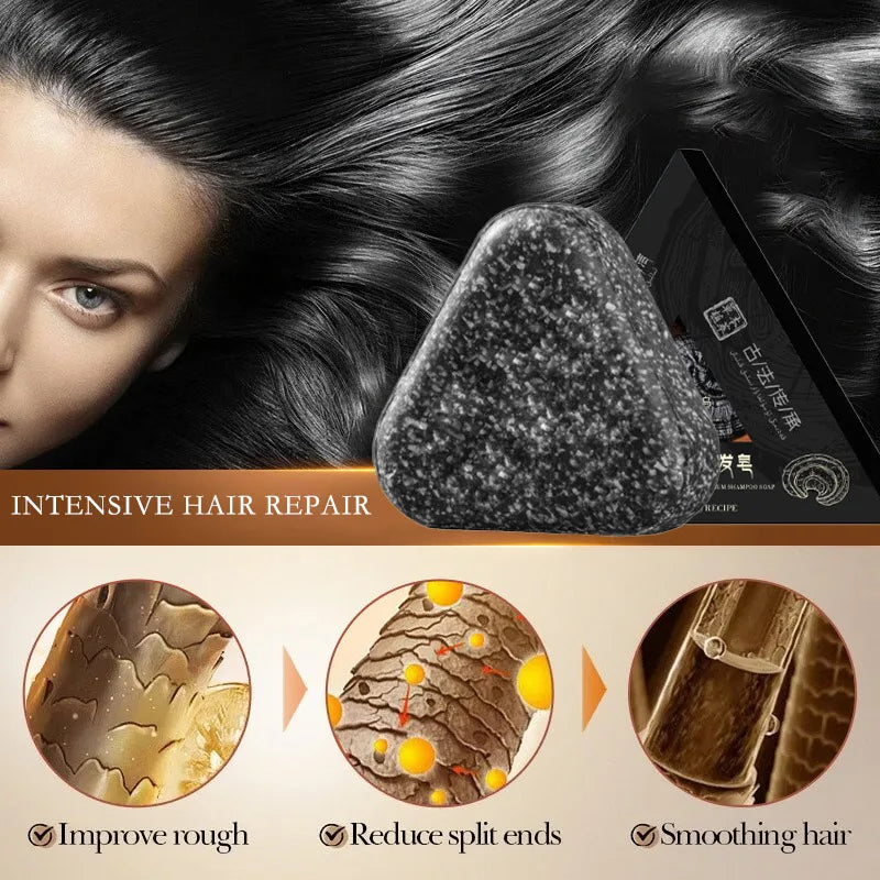 Shampoing naturel pour cheveux noirs, barre faite à la main avec Ganoderma Polygonum Multiflorum, savon nourrissant et brillant pour la croissance des cheveux à base de plantes