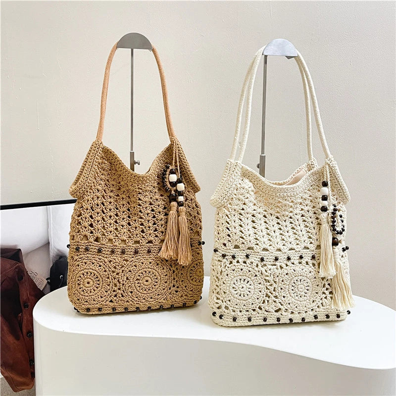 Sac à main tissé de grande capacité, sac à bandoulière ajouré, fourre-tout en Crochet, fourre-tout bohème tissé pour femmes, sacs de Shopping tricotés