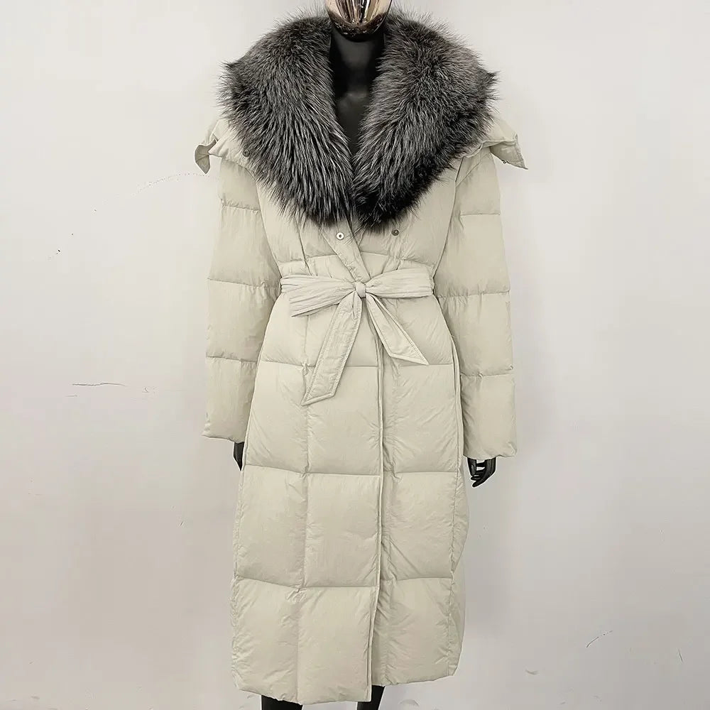 Veste d'hiver chaude et élégante pour femme, avec ceinture à capuche, simple boutonnage, col en vraie fourrure de renard, manteau épais et ample en duvet de canard blanc
