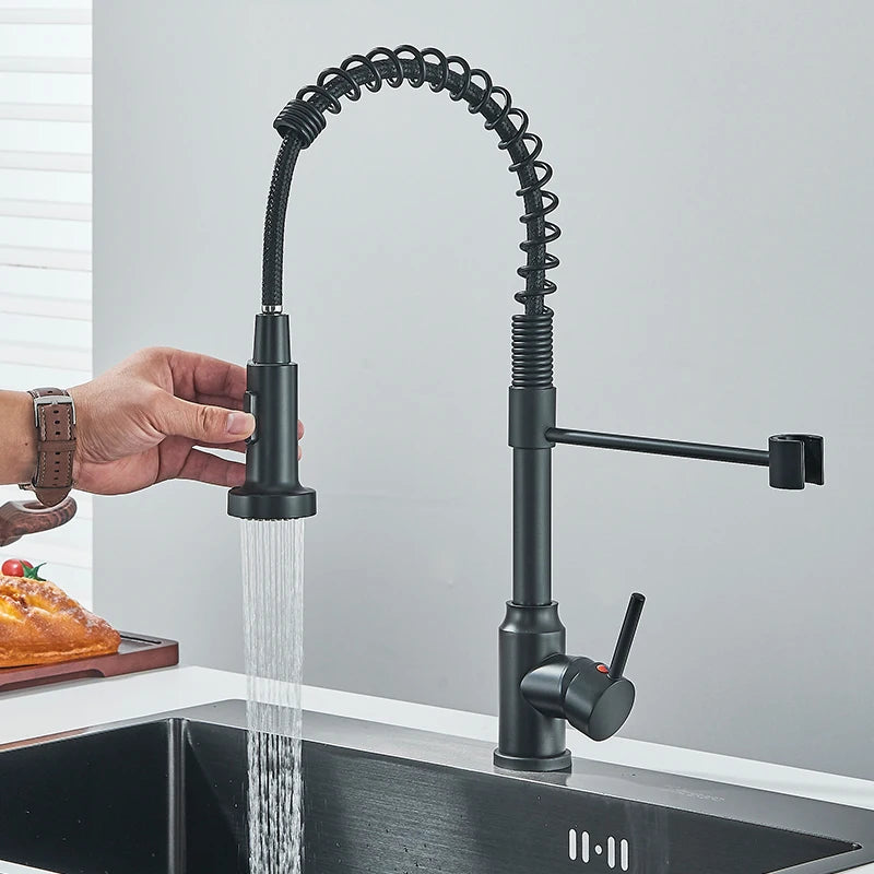 Robinets de cuisine extractibles à ressort, tête de pulvérisation, robinet d'eau chaude et froide, Rotation en acier inoxydable, mitigeur de cuisine, grue