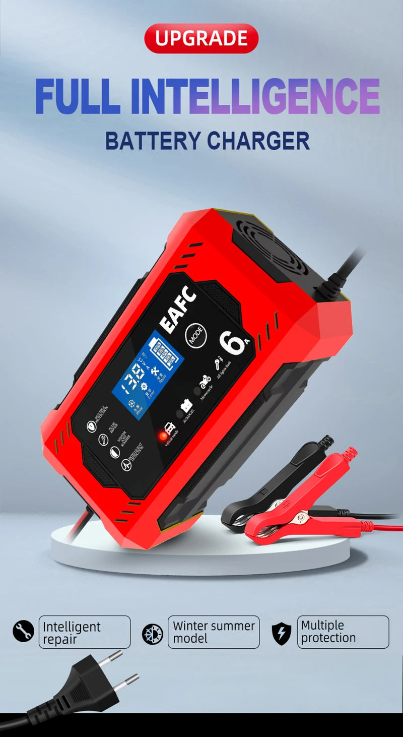Chargeur de batterie de voiture, grand écran 6a 12V, dispositif de charge de batterie de voiture et de moto, batterie au plomb, réparation intelligente, écran LCD