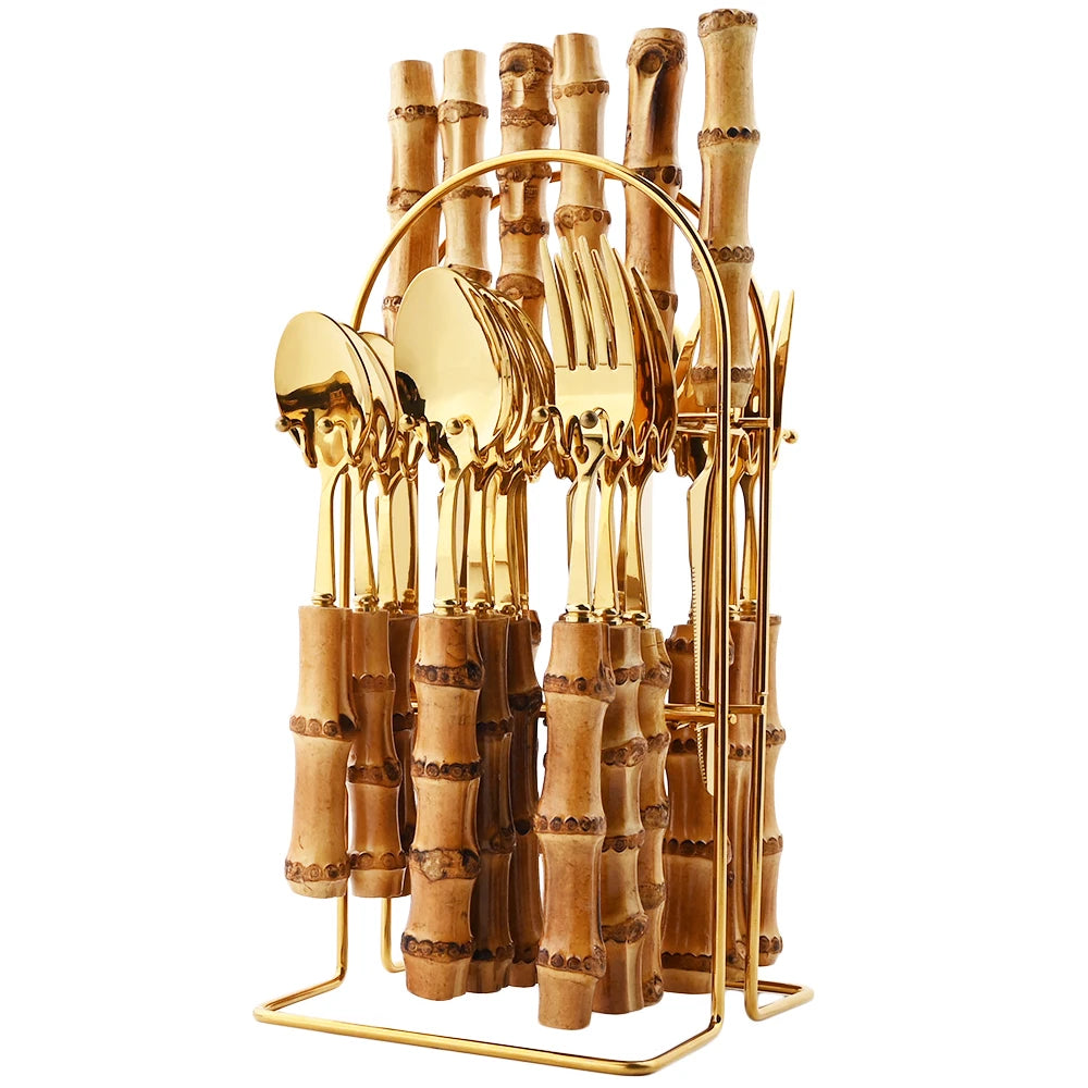Couverts en acier inoxydable avec manche en bambou naturel, 24 pièces, service de table, couteau à steak