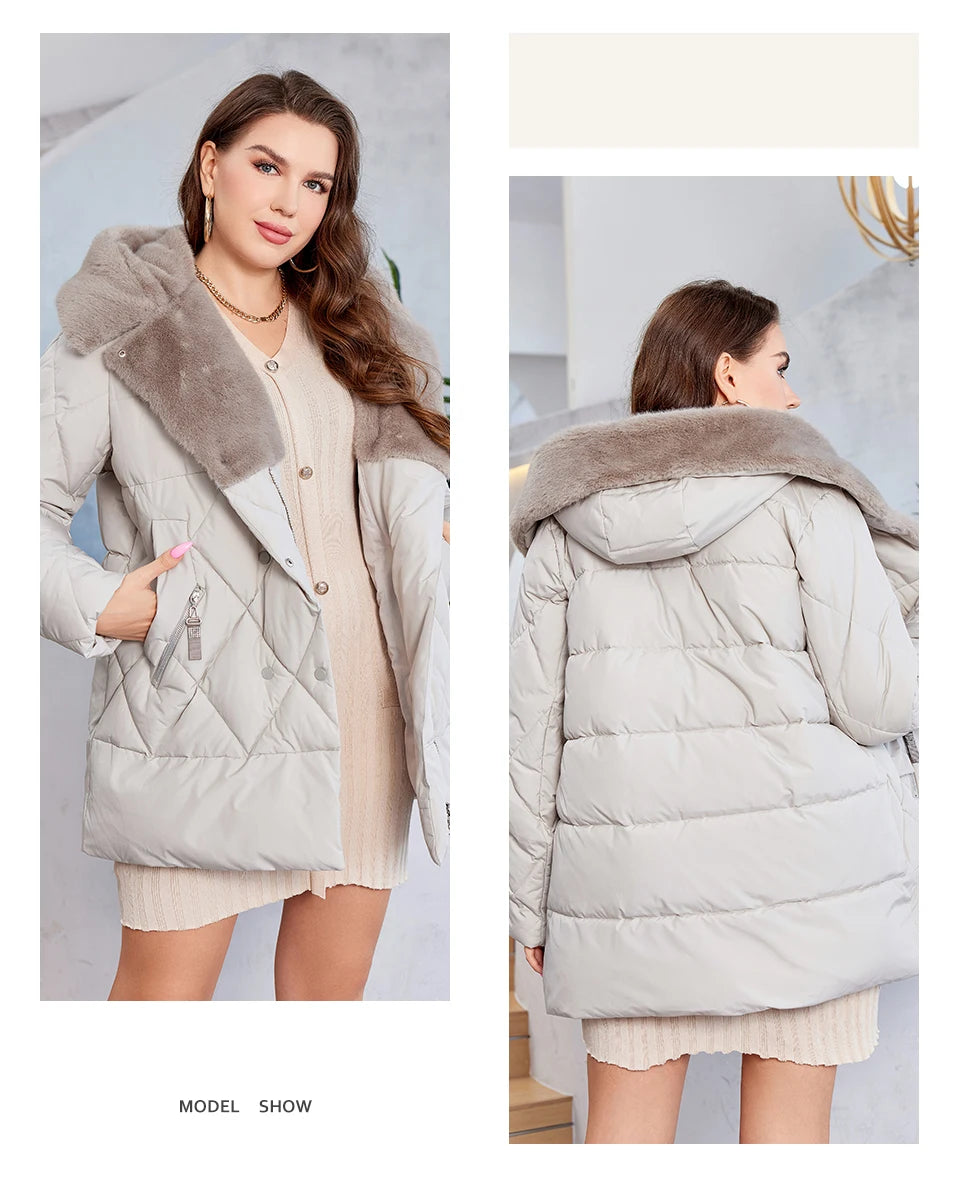 HaiLuoZi-Veste Courte à Capuche avec Fourrure pour Femme, Vêtement d'Hiver de Grande Taille, Design de Matelassage Indépendant, Grandes Poches, Combiné 2023, Nouvelle Collection 1163