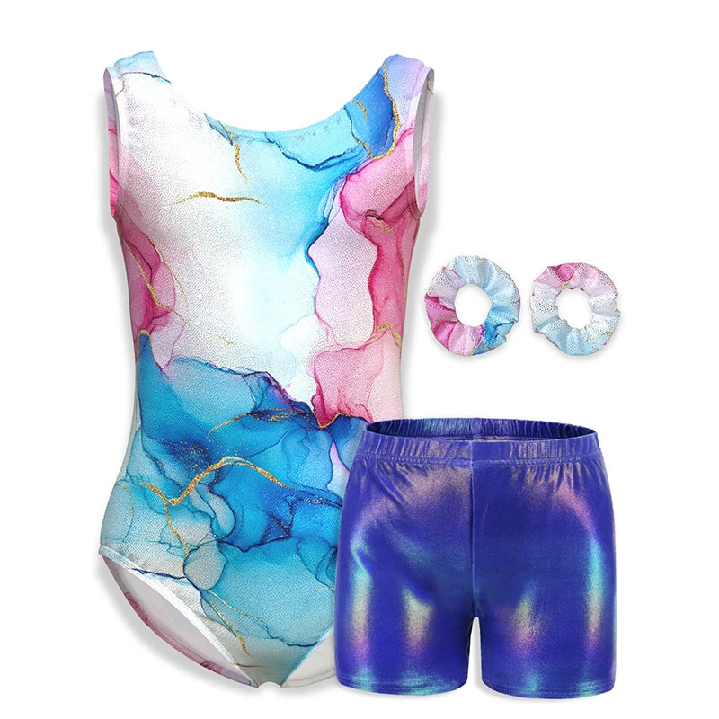 Justaucorps de gymnastique pour filles, vêtements de danse pour enfants avec short assorti, bandeau pour enfants
