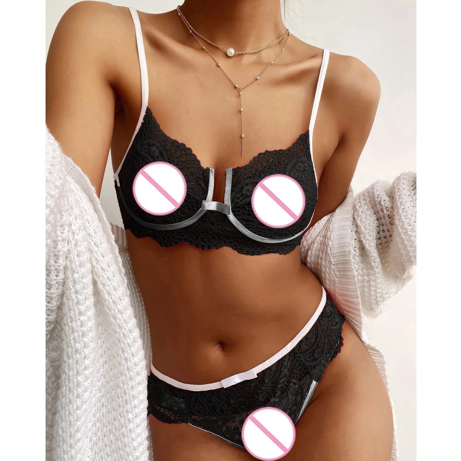 Ensemble pyjama en dentelle pour femmes, sous-vêtements Sexy, soutien-gorge à nœud papillon sans fil, string, couleur unie, ensembles de Lingerie féerique transparents