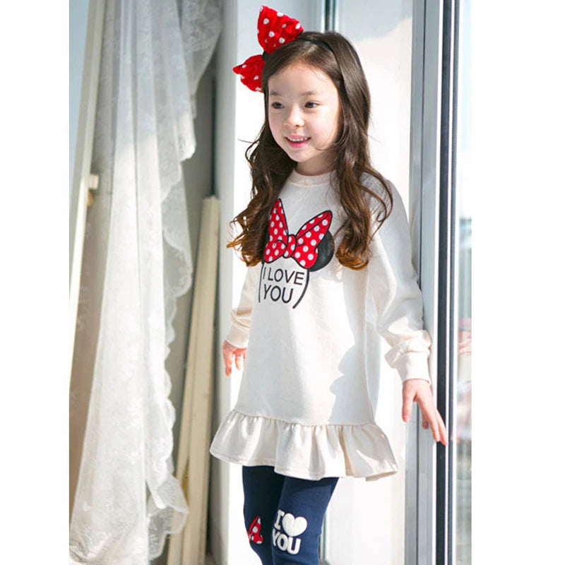 Ensemble de vêtements pour enfants printemps-automne, chemise + Leggings en coton à manches longues avec nœud papillon de dessin animé, costume 2 pièces pour filles de 3 à 8 ans, tenue décontractée