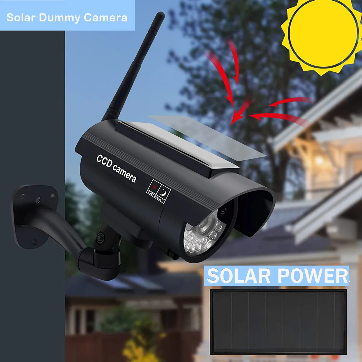 Fausse caméra factice à énergie solaire cctv sécurité wifi sans fil extérieur clignotant led vidéo surveillance caméra factice