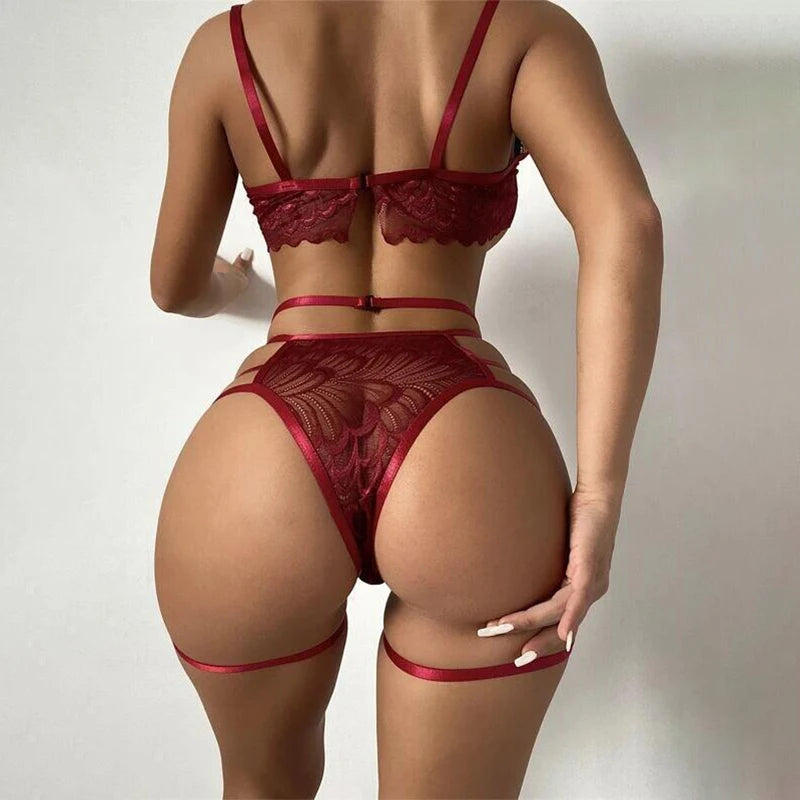 Ensembles de Lingerie érotique pour femmes, jarretelles en dentelle, soutien-gorge et culotte transparents, Costumes Porno féminins, col licou en V profond, ensemble de sous-vêtements Sexy