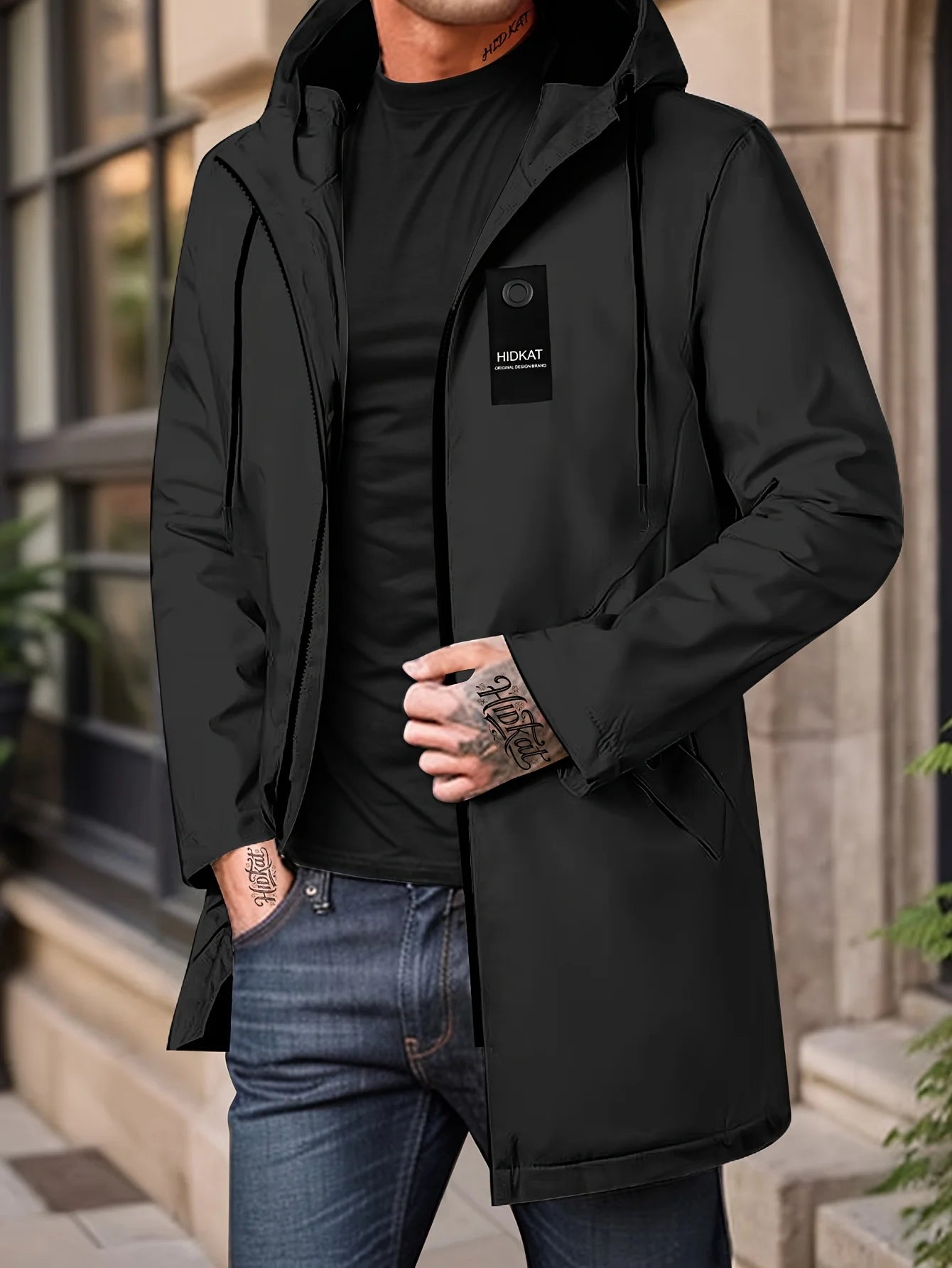 Men's fashionable casual jacket with hood and drawstring, solid color, suitable for spring and autumn casual wear