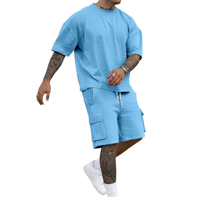 Stylish Utility T-shirt and Shorts Set, New Summer Style, Solid Color, a Casual and Sporty Suit for Men