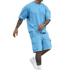 Stylish Utility T-shirt and Shorts Set, New Summer Style, Solid Color, a Casual and Sporty Suit for Men